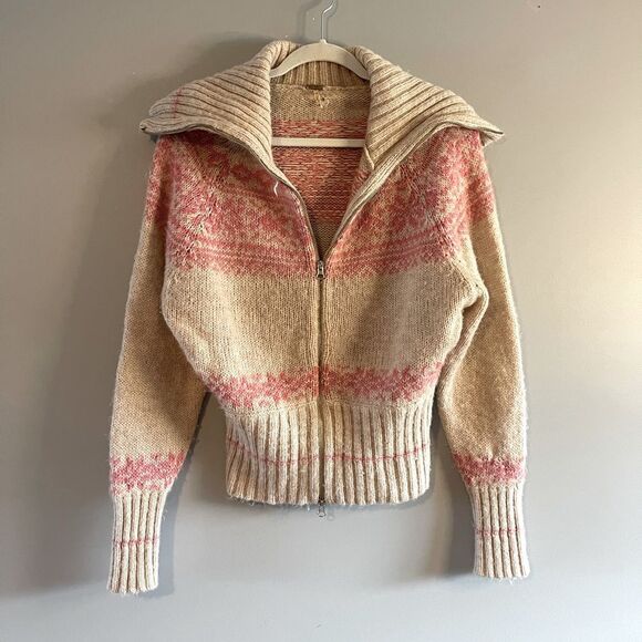 Free People Fair Isle Nordic Alpine Wool Blend Sweater Tan/Pink | SZ M - Picture 1 of 13